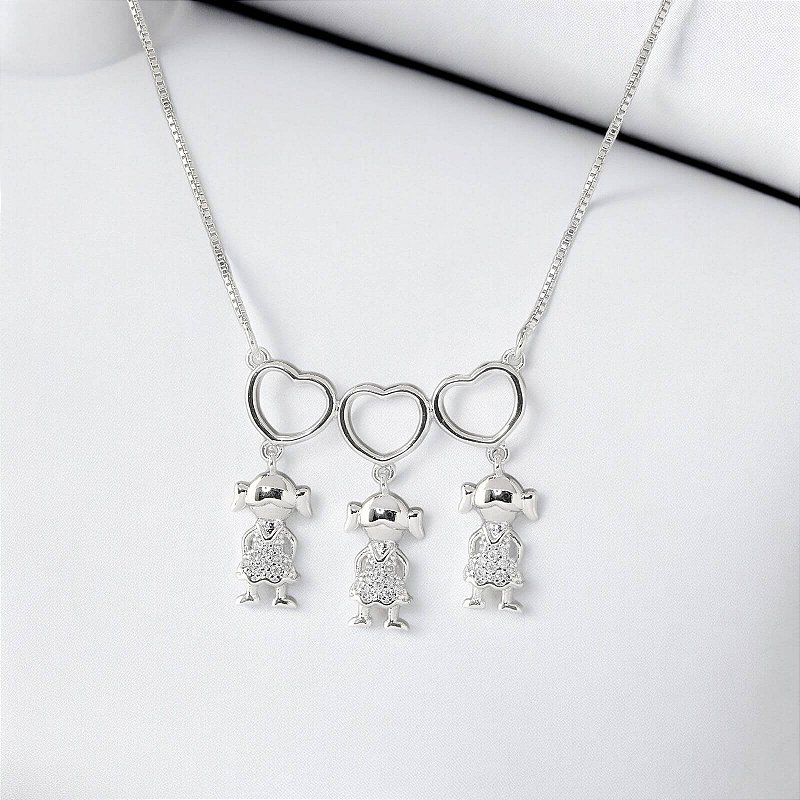 Colar 3 Meninas com Zircônia Banho Ródio Branco