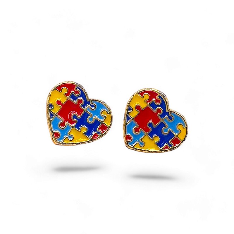 Brinco Coração Símbolo Autismo Folheado Ouro 18k