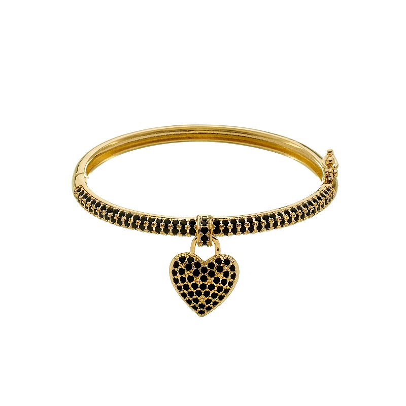 Bracelete Coração com Zircônias Pretas Banho Ouro 18K