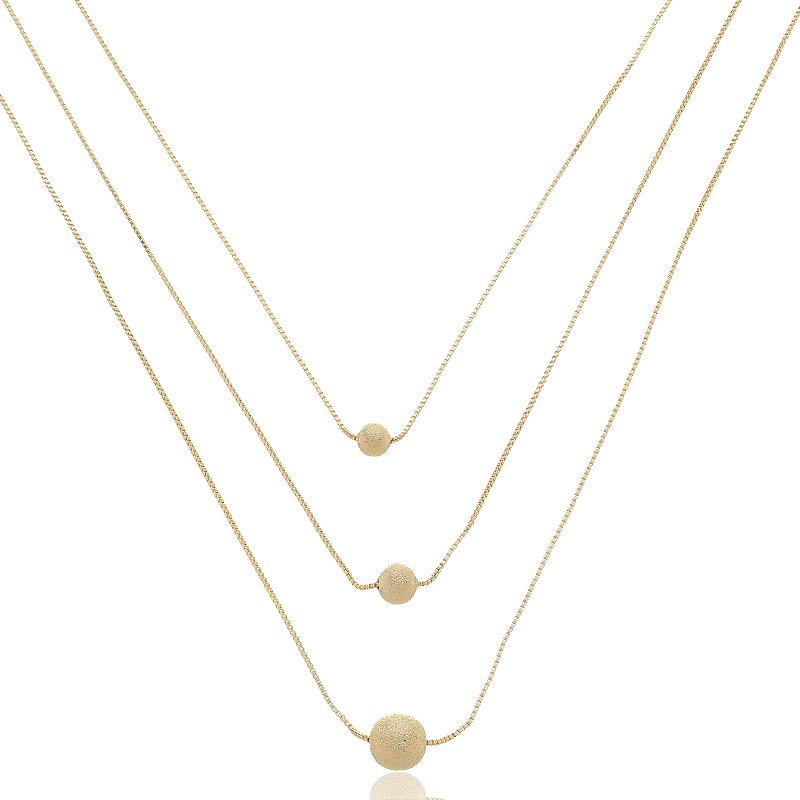 Colar Triplo Esferas Diamantadas Banho Ouro 18k