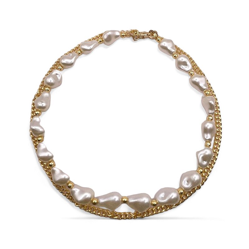 Choker Dupla Pérolas com Elos Grumet Folheado Ouro 18k