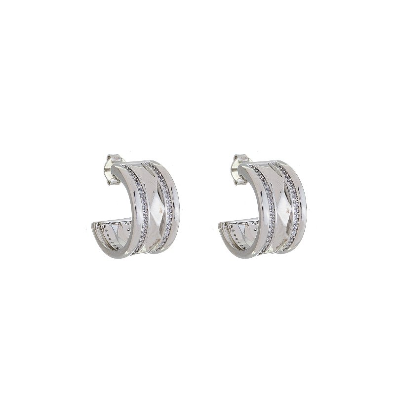 Brinco Argola Bordas com Zircônias Banho Ródio Branco