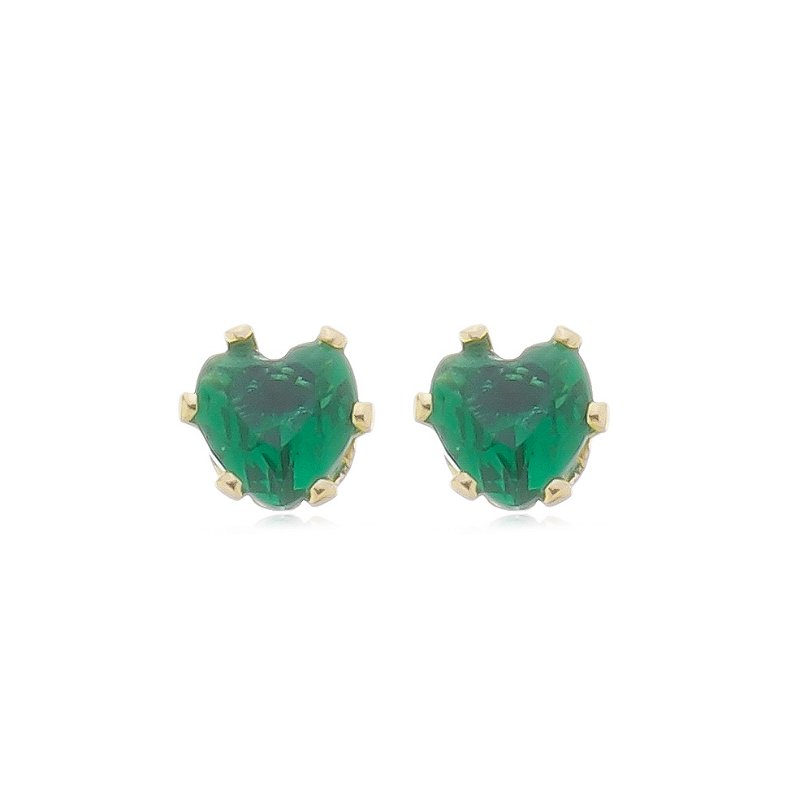 Brinco Coração Verde Esmeralda Médio Banho Ouro 18k