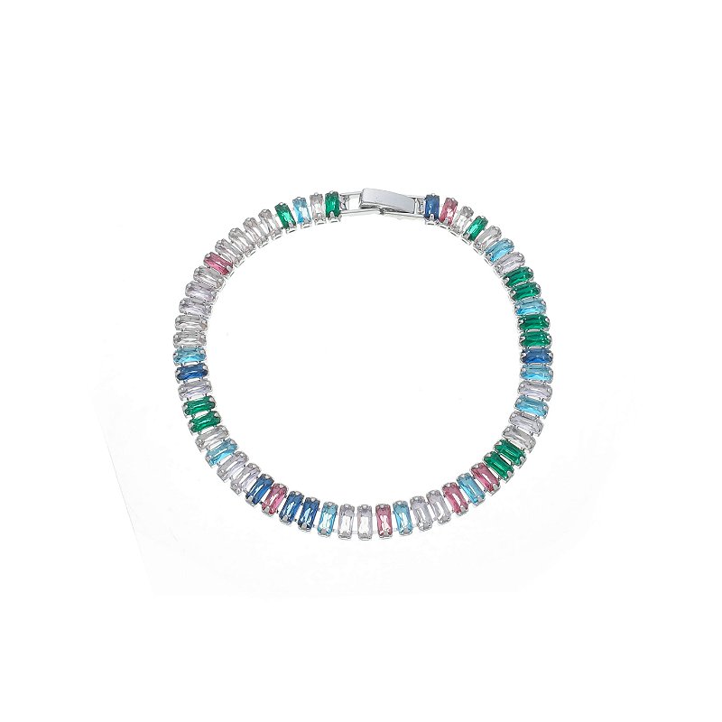 Pulseira Baguete Com Cristais Multicor Banho Ródio Branco