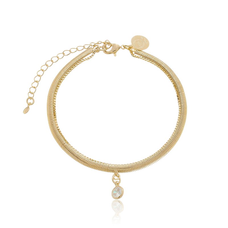Pulseira Dupla Malha Snake Com Cristal Banho Ouro 18k