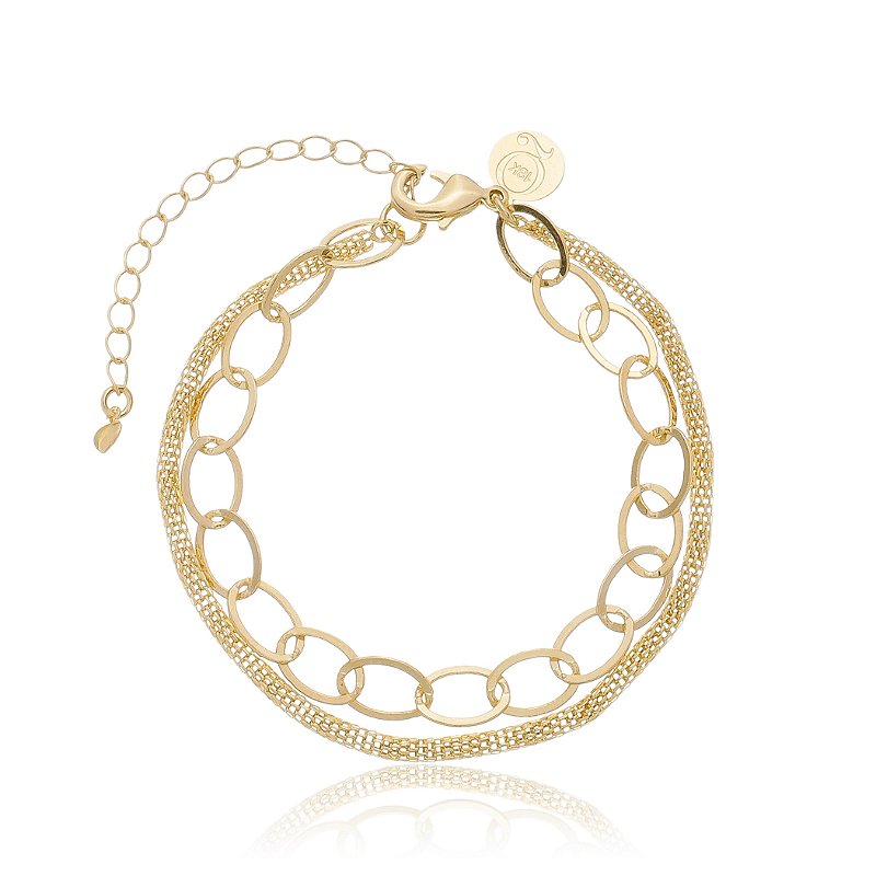 Pulseira Dupla Com Elos Ovais e Malha Roliça Banho Ouro 18k