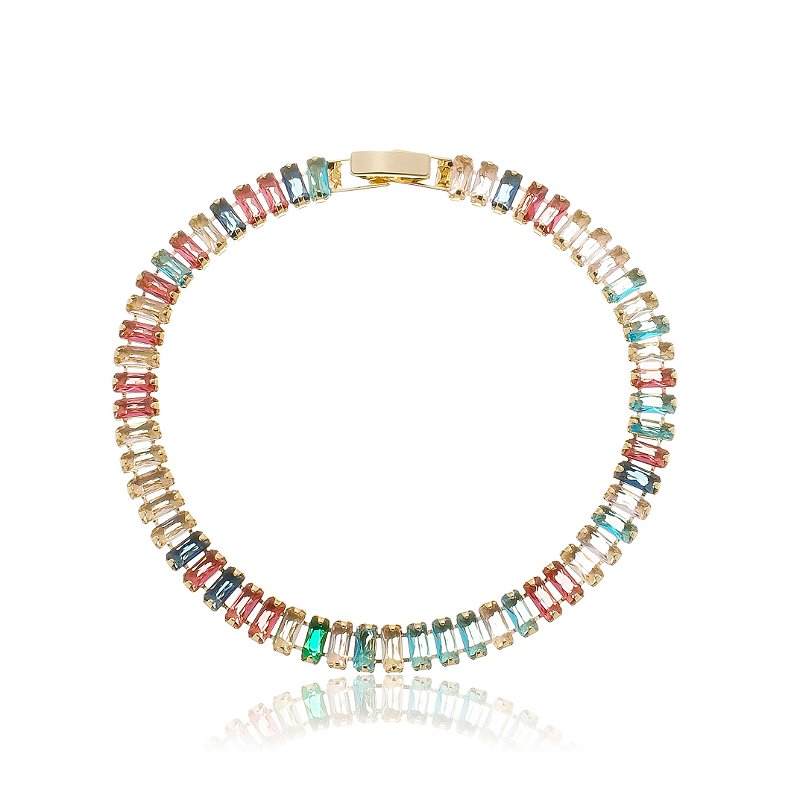 Pulseira Baguete Com Cristais Multicor Banho Ouro 18k