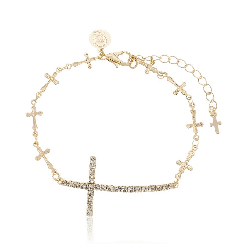 Pulseira Cruz Cravejada Com Zircônias Banho Ouro 18k