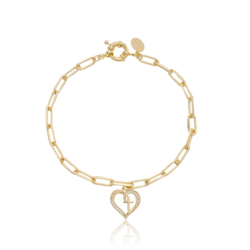 Pulseira Coração com Cruz Banho Ouro 18k