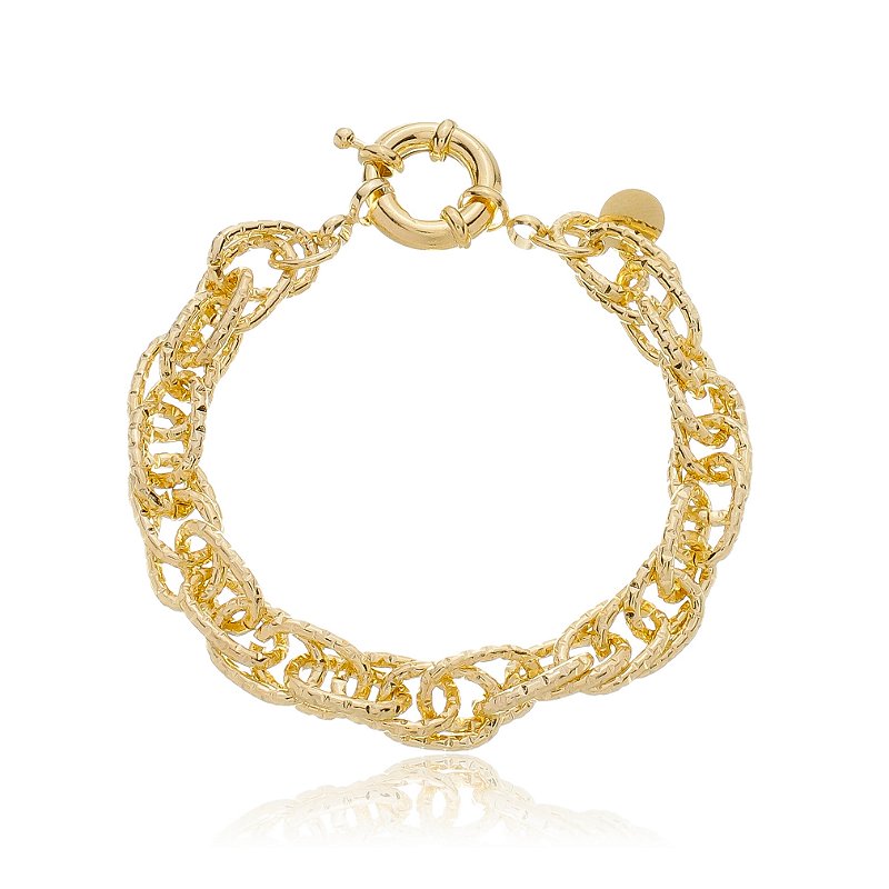 Pulseira Elos Triplos Detalhados Banho Ouro 18k