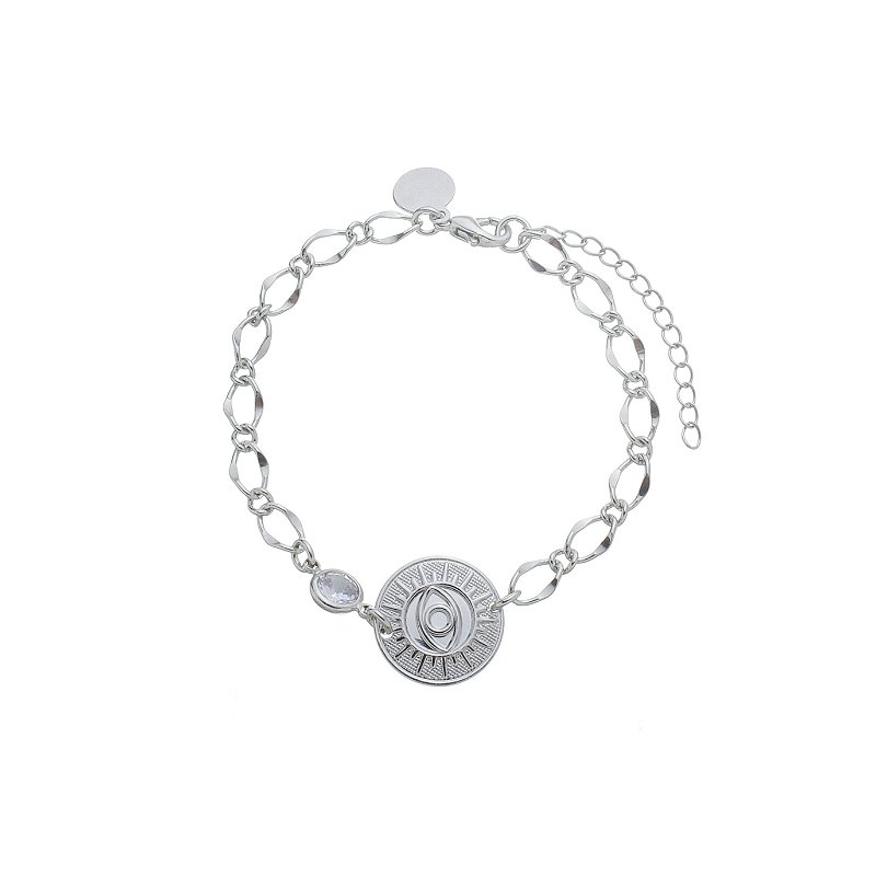 Pulseira Medalha Olho Grego com Cristal Banho Ródio Branco
