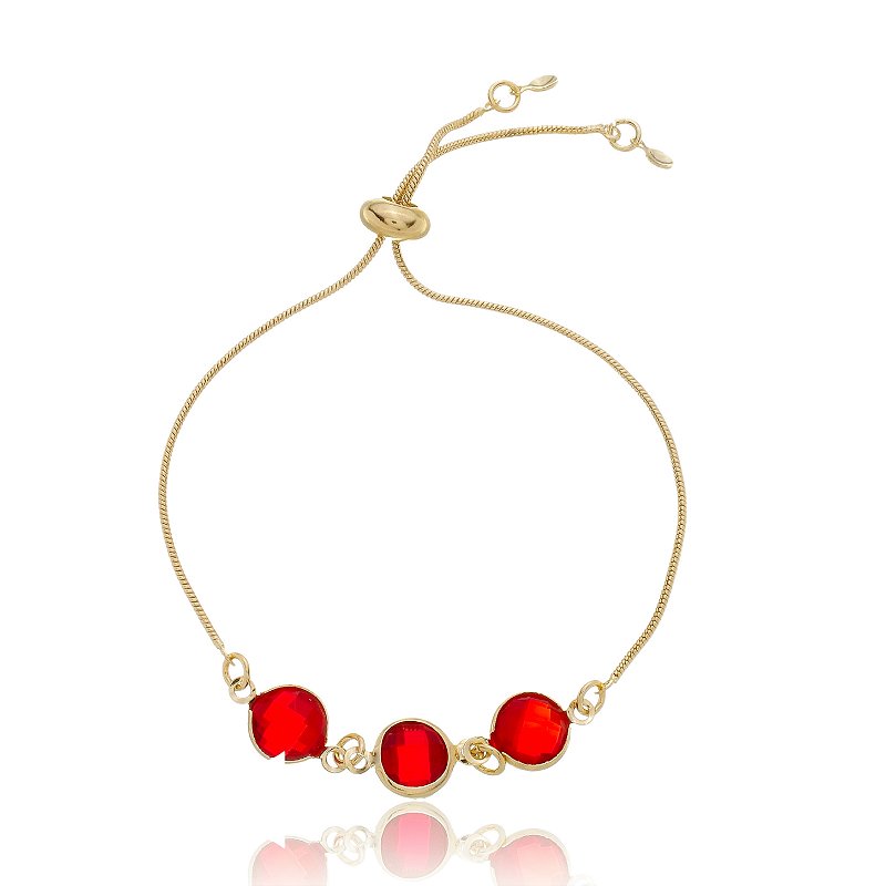 Pulseira Regulável Cristal Vermelho Banho Ouro 18k