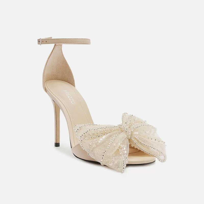 Sandália Couro Salto Alto Laço Paetês Arezzo Angel Shoes