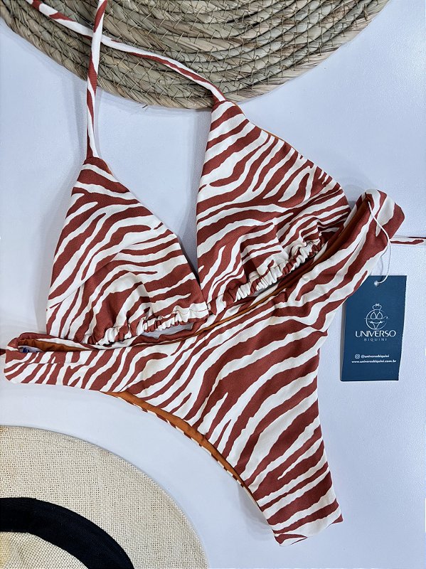 Biquíni Cortininha - Asa Delta + Premium Proteção UV50+ Zebra Marrom