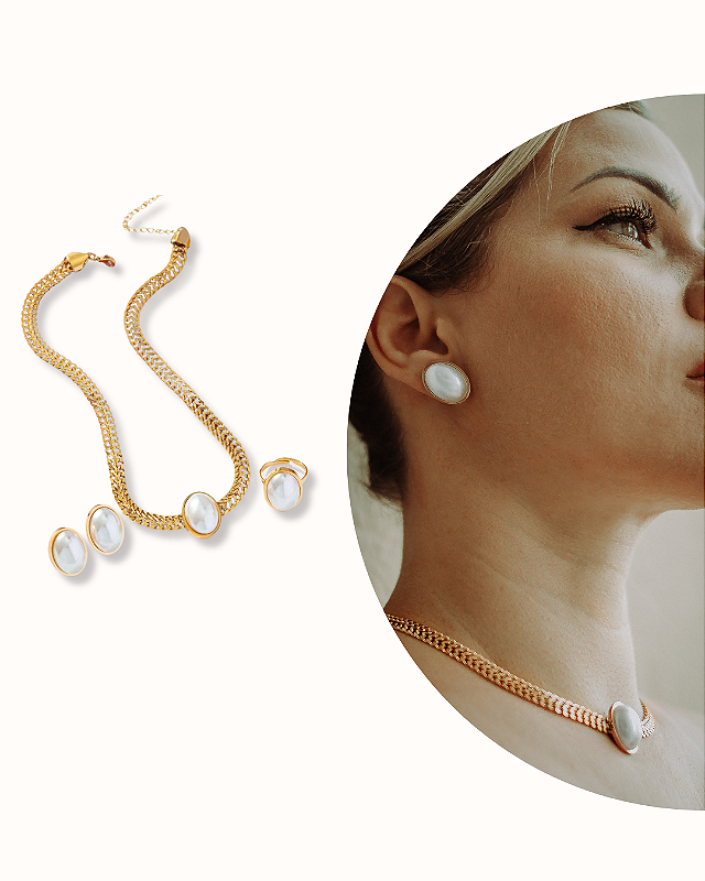 CONJUNTO COLAR DOURADO CHOKER ANEL E BRINCOS PÉROLA