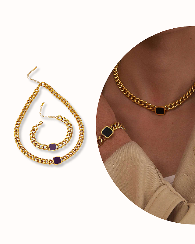 CONJUNTO COLAR CHOKER+PULSEIRA VINTAGE CORRENTE LAMINADA