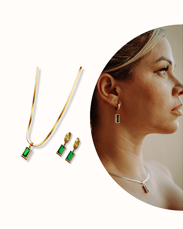 CONJUNTO COLAR+BRINCO PEDRA ZIRCÔNIA VERDE