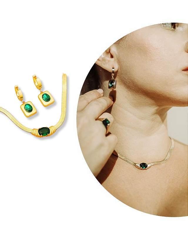 CONJUNTO COLAR+BRINCO VINTAGE PEDRA ZIRCÔNIA VERDE