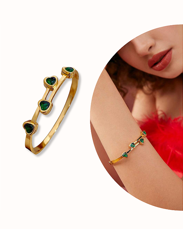 BRACELETE DOURADO CORAÇÃO ESMERALDA