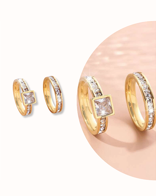 CONJUNTO ANEL NOIVADO CRAVEJADO BANHADO A OURO 18K
