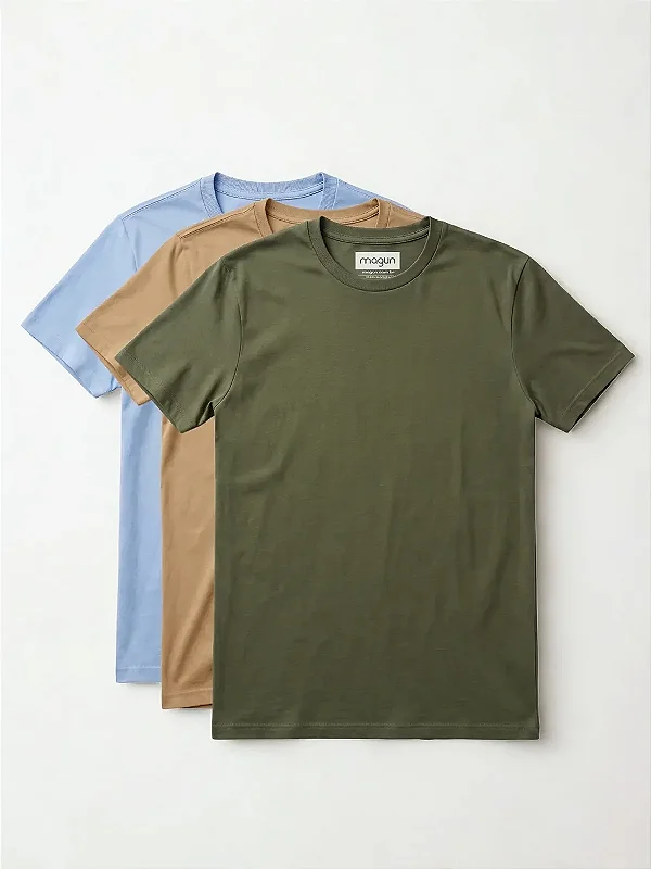 Kit 3 Camisetas Toque Macio - Militar, Areia e Azul Bebê