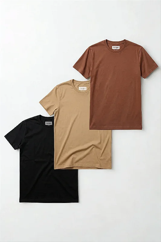 Kit 3 Camisetas Magun Toque Macio - Marrom, Areia e Preto
