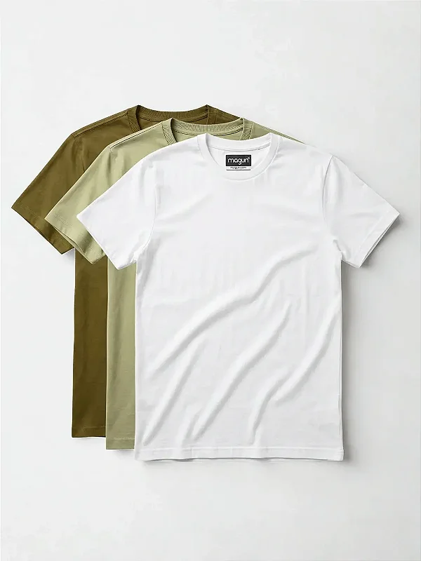 Kit 3 Camisetas Toque Macio - Branco, Musgo e Verde Claro