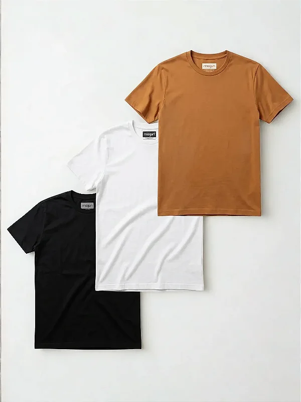 Kit 3 Camisetas Toque Macio - Branco, Caramelo e Preto