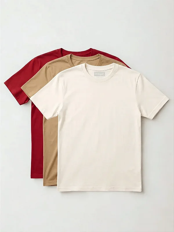 Kit 3 Camisetas Toque Macio - Bege, Off White e Vermelho