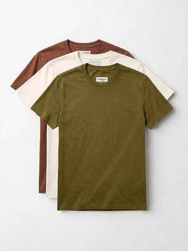 Kit 3 Camisetas Toque Macio - Off White, Marrom e Verde Musgo