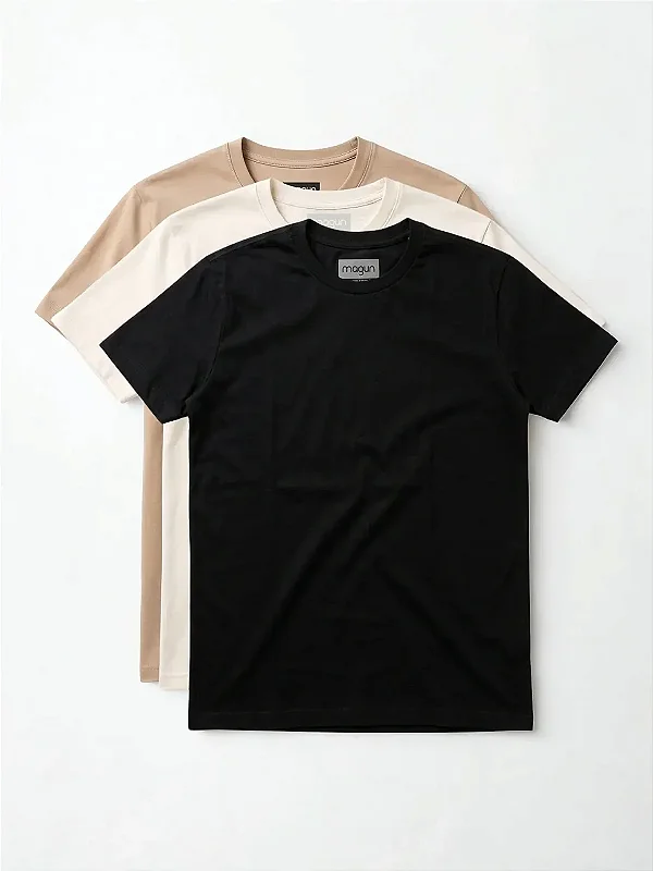 Kit 3 Camisetas Toque Macio - Off White, Preta e Bege