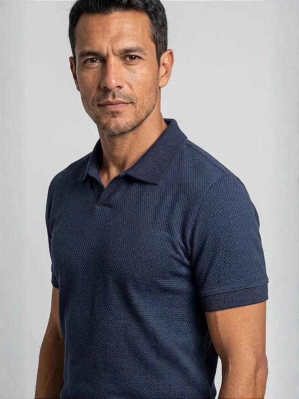 Camisa Polo Masculina Sem Botão Texturizada Azul Marinho