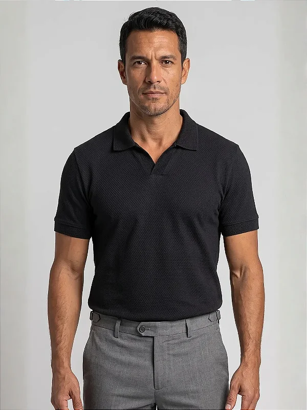 Camisa Polo Masculina Sem Botão Texturizada Preta