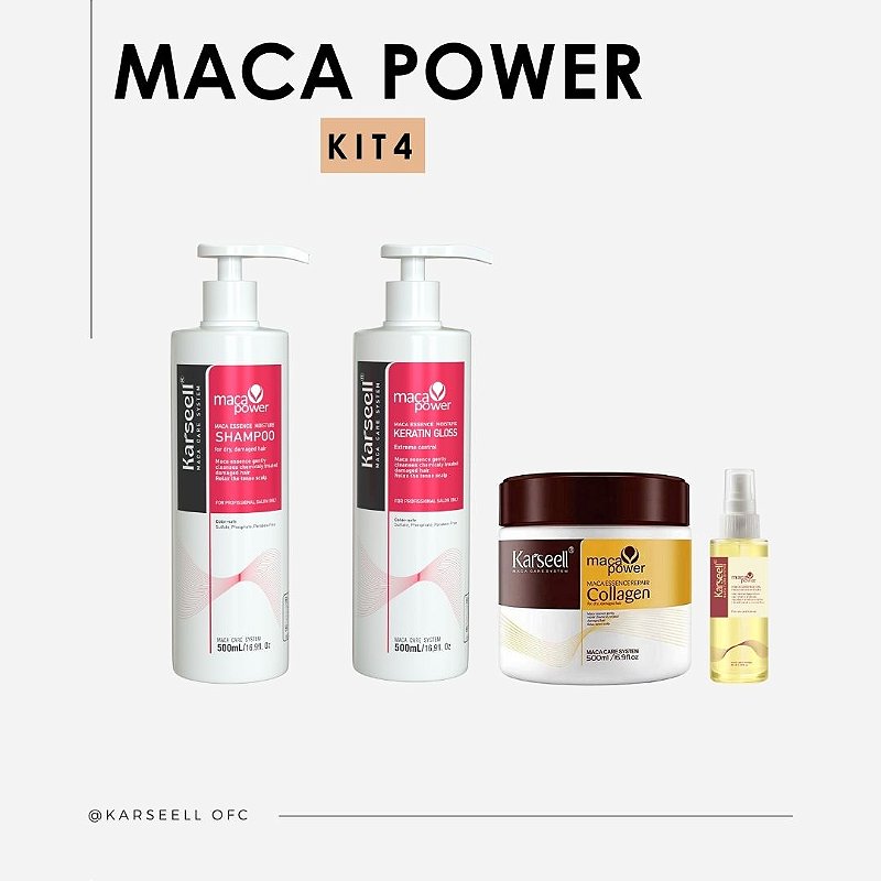 Liso imediato Keratin Gloss Karseell 500g + Shampoo Karseell 500g + Máscara Karseell 500g + Óleo Karseell Maca Essence Original + 60ml