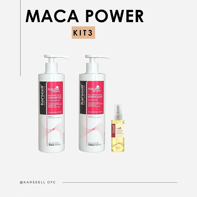 kit Liso imediato Keratin Gloss Karseell 500g + Shampoo Karseell 500g + Óleo Karseell Maca Essence Original + 60ml