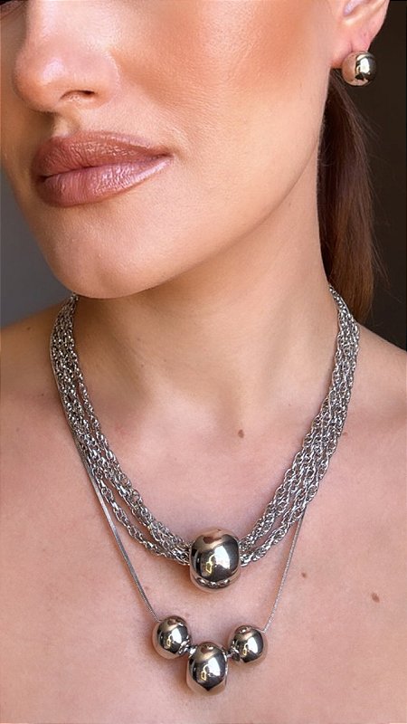 Conjunto Corrente C/ Esferas Prata