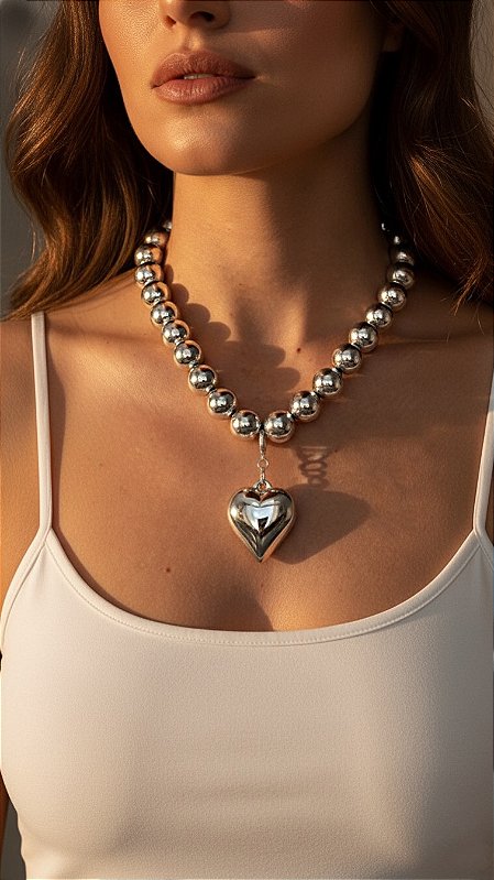 Colar Coração Bold Esferas Prata