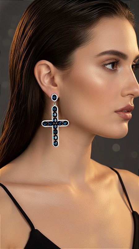 Brinco Cruz Chatons Azul