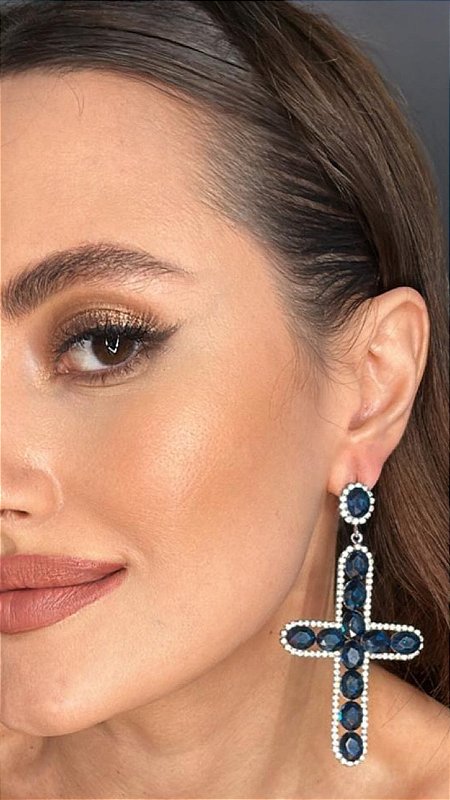Brinco Cruz Chatons Azul