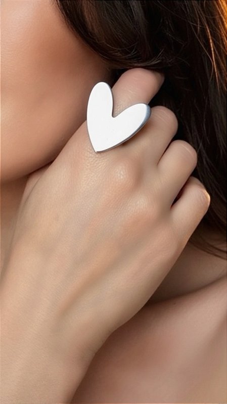 Anel Ajustável Coração Aço Prata