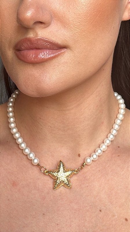 Colar Pérola Estrela Dourada