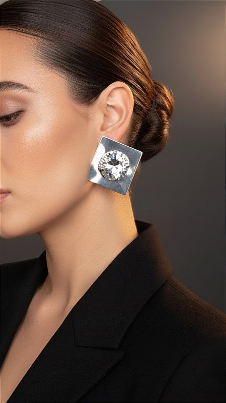 Brinco Placa Cristal Prata