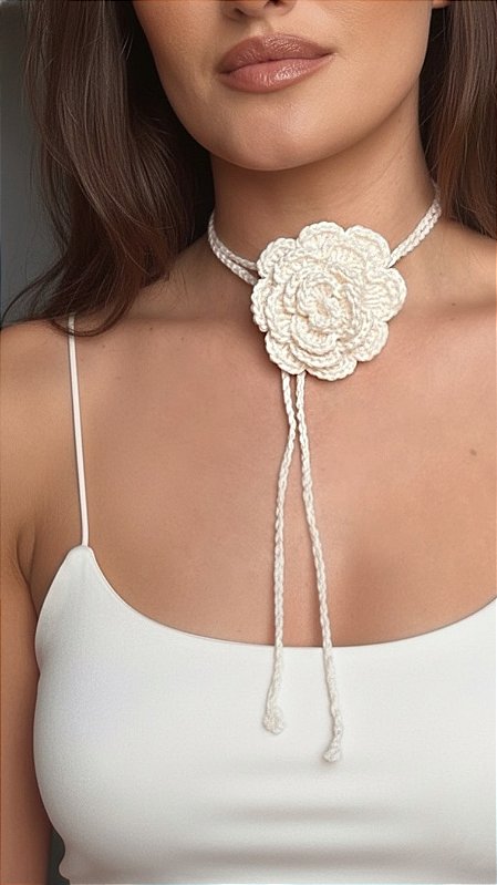 Colar Choker Flor Crochet Off
