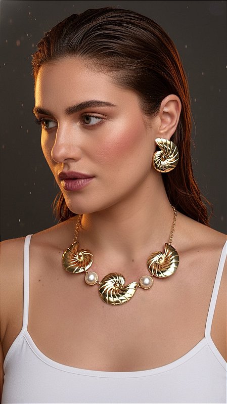 Conjunto Caracol Com Pérola Dourado