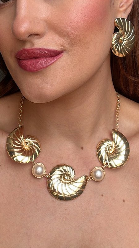 Conjunto Caracol Com Pérola Dourado