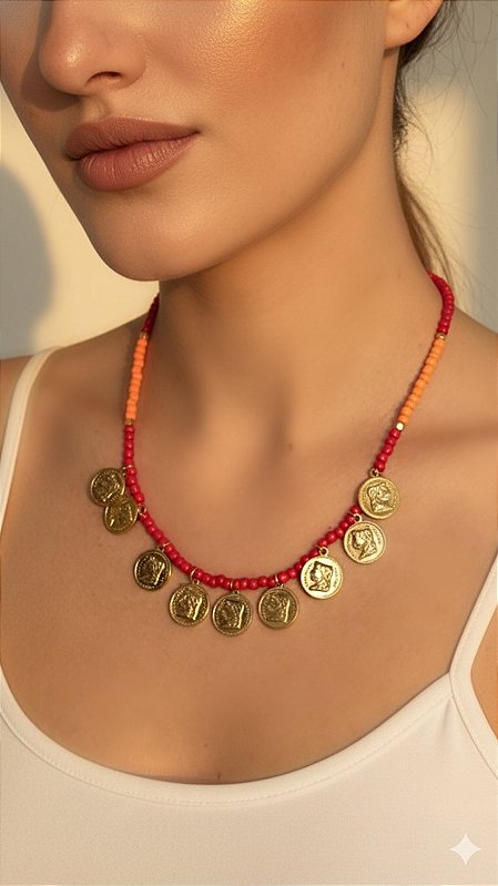 Colar Medalhas Miçanga Vermelho