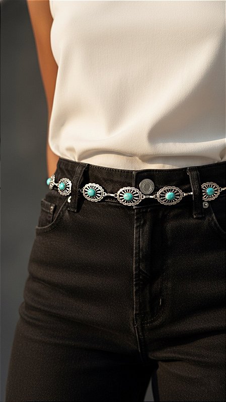 Cinto Metal Boho Pedra Turquesa