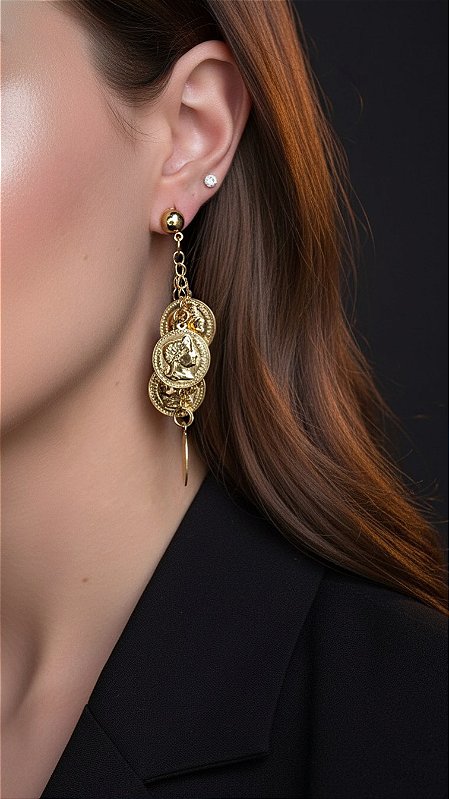 Brinco Medalhas Pendurado Dourado