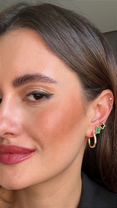 Brinco Trio Composê Aço Argola Insp Van Cleef Dourado