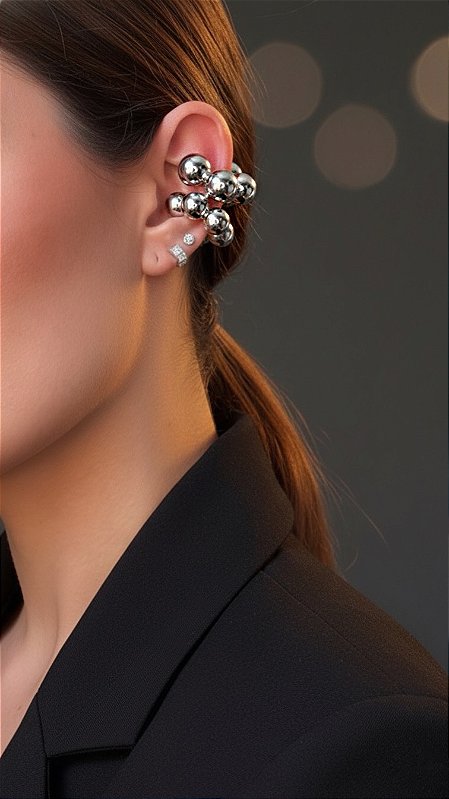 Brinco Ear Cuff Duplo Esferas Prata